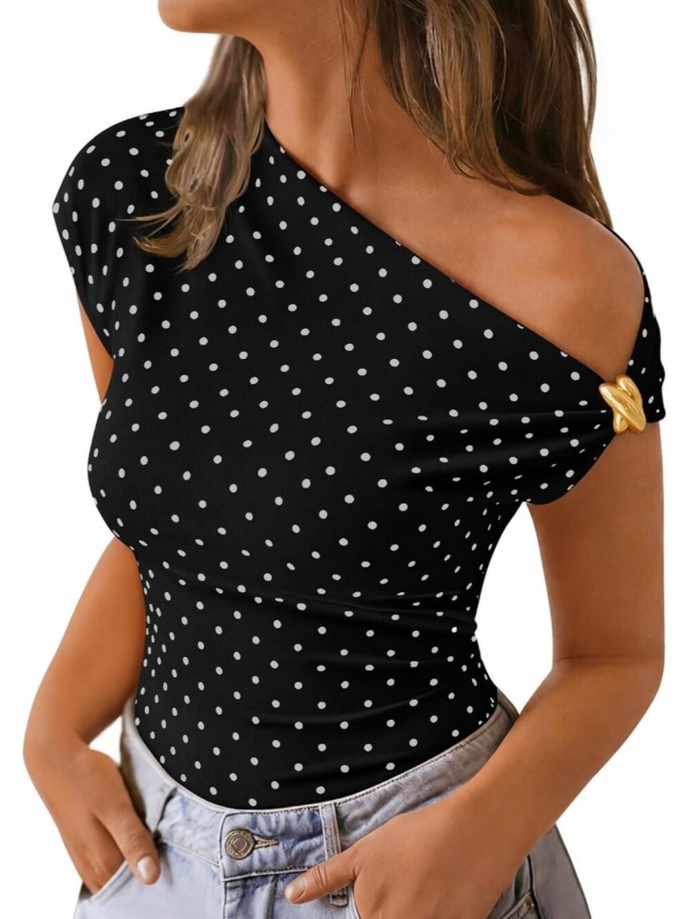 Women's Black Dot Viscose Blend Short Sleeve One Shoulder Neck Henley Shirts